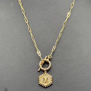 Plunder Gold-toned Hexagon Pendant Necklace Initial "M" Toggle Clasp 20"